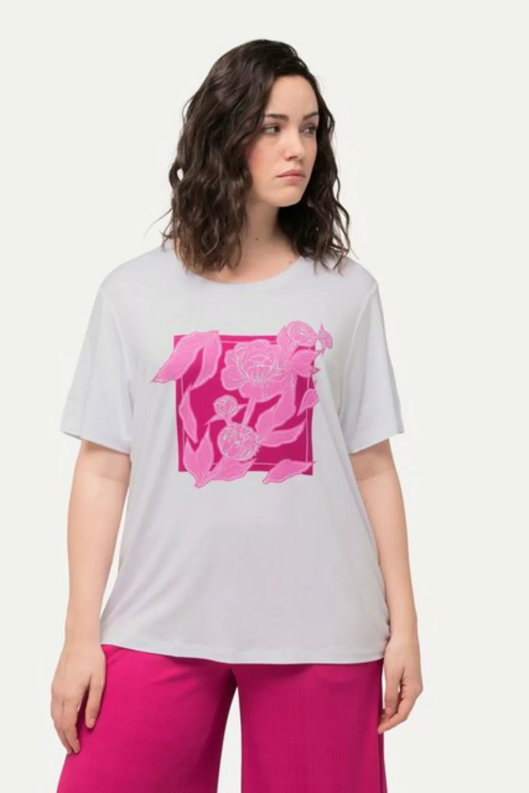 Ulla Popken Rundhalsshirt T-Shirt Blume Ziersteine Rundhals Halbarm günstig online kaufen