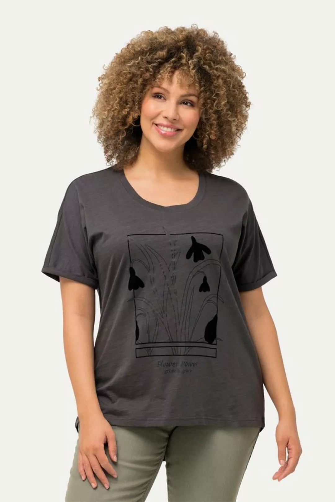 Ulla Popken Rundhalsshirt T-Shirt Gartenmotiv Oversized Rundhals Halbarm günstig online kaufen