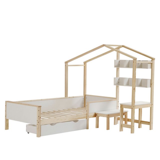 MODFU Kinderbett Hausbett mit Schubladen und Regalen, mit Tisch und Hocker günstig online kaufen