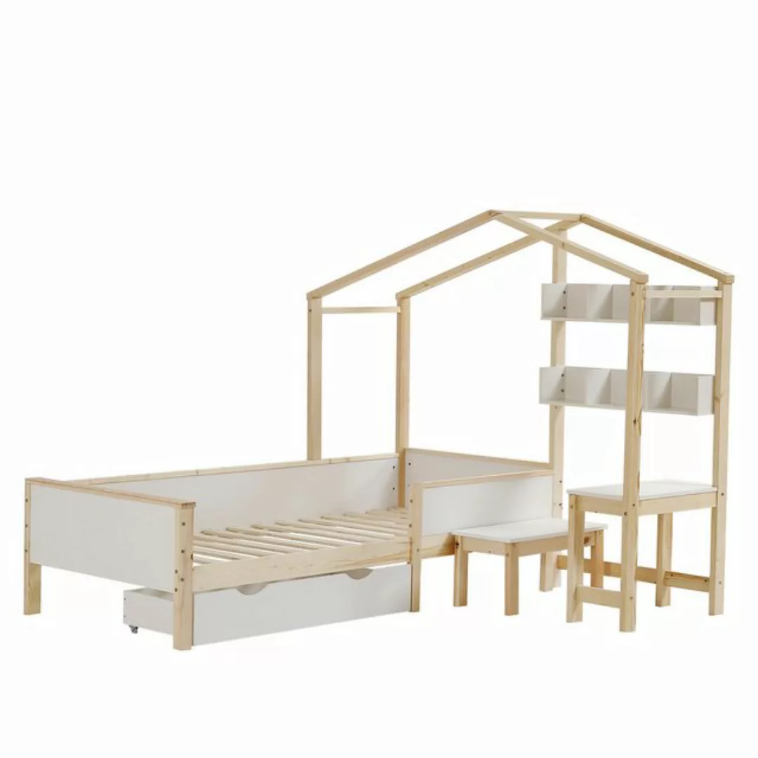 OKWISH Kinderbett Holzbett Hausbett mit Schubladen und Regalen, mit Tisch u günstig online kaufen