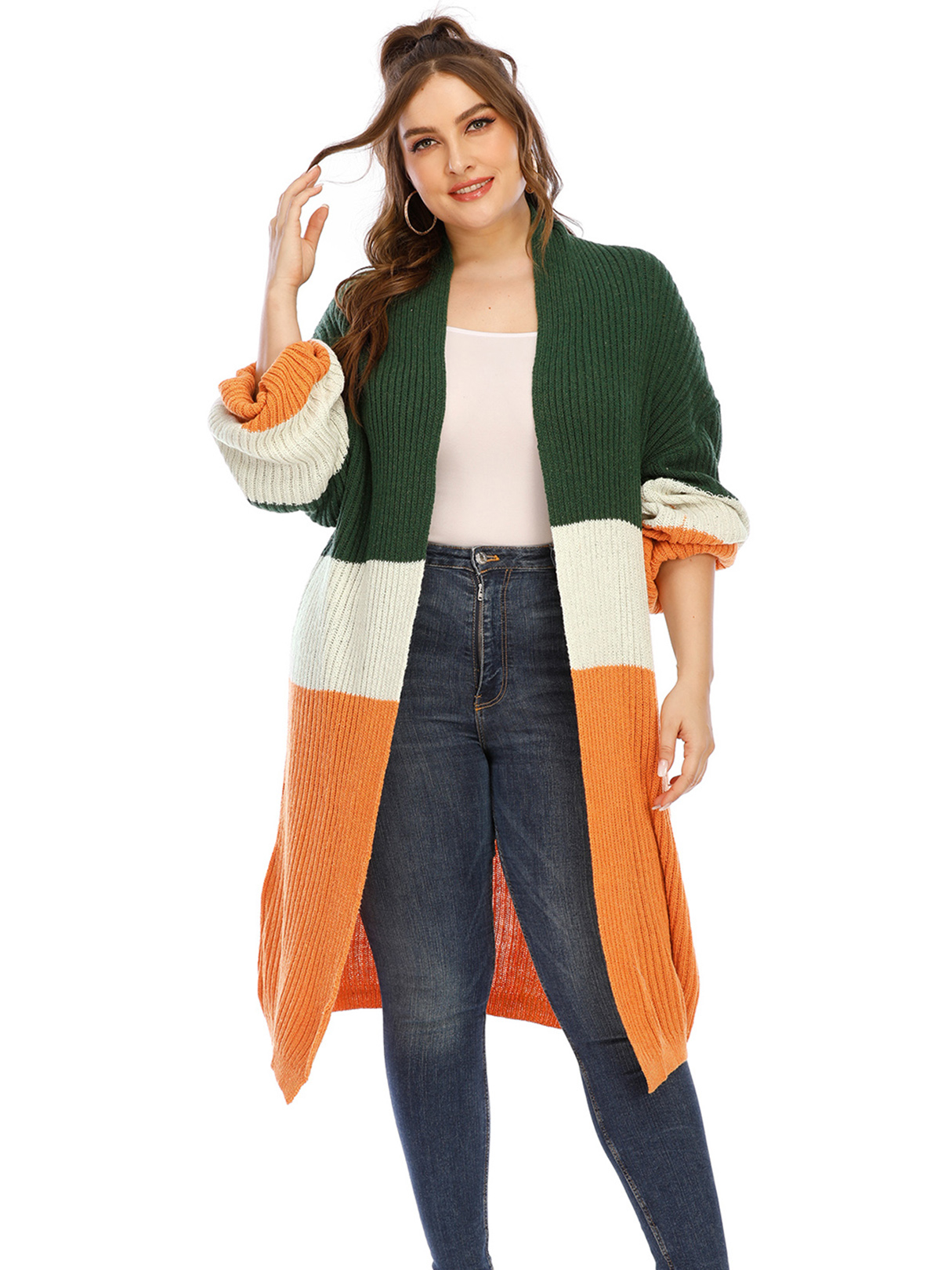 Plus Size Patchwork Cardigan mit langen Ärmeln günstig online kaufen