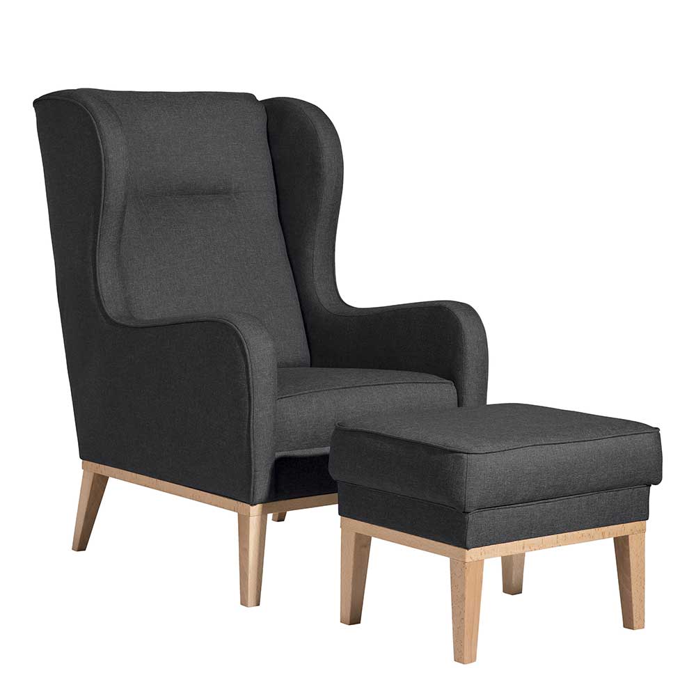 Sessel optional mit Hocker in Dunkelgrau und Buche Flachgewebe und Massivho günstig online kaufen