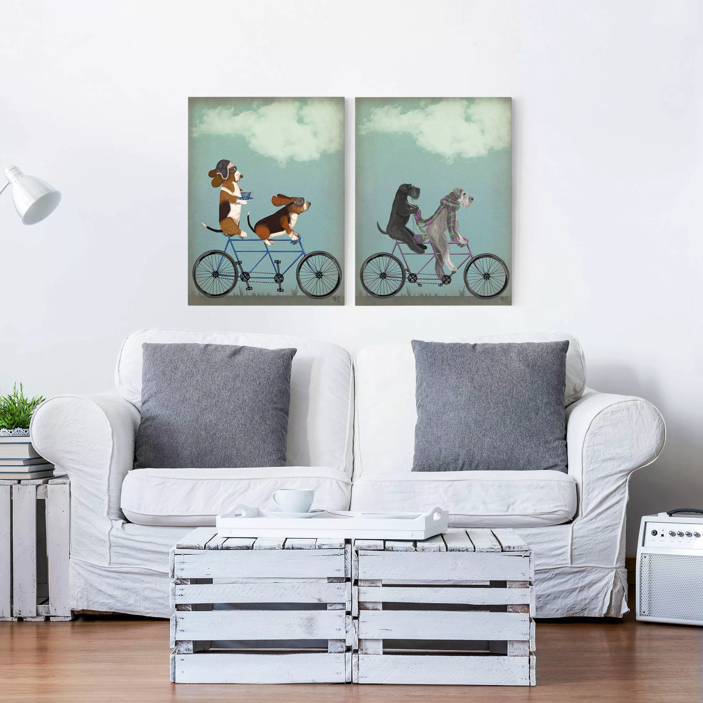2-teiliges Leinwandbild Kinderzimmer Radtour - Bassets und Schnauzer Tandem günstig online kaufen
