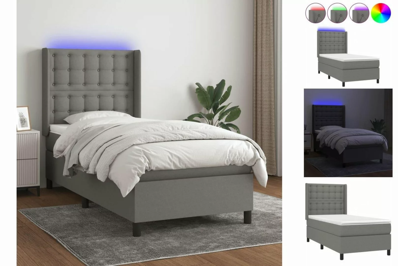 vidaXL Bettgestell Boxspringbett mit Matratze LED Dunkelgrau 90x200 cm Stof günstig online kaufen