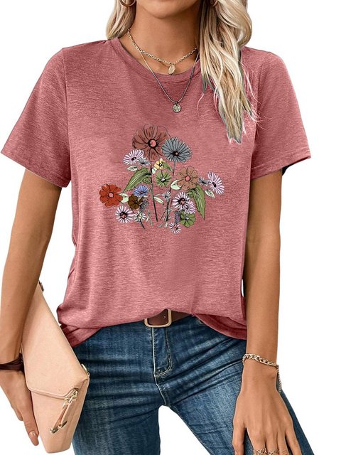 PYL Kurzarmshirt Damen Sommer Kurzarmbluse Locker Blumen Print-Shirt günstig online kaufen