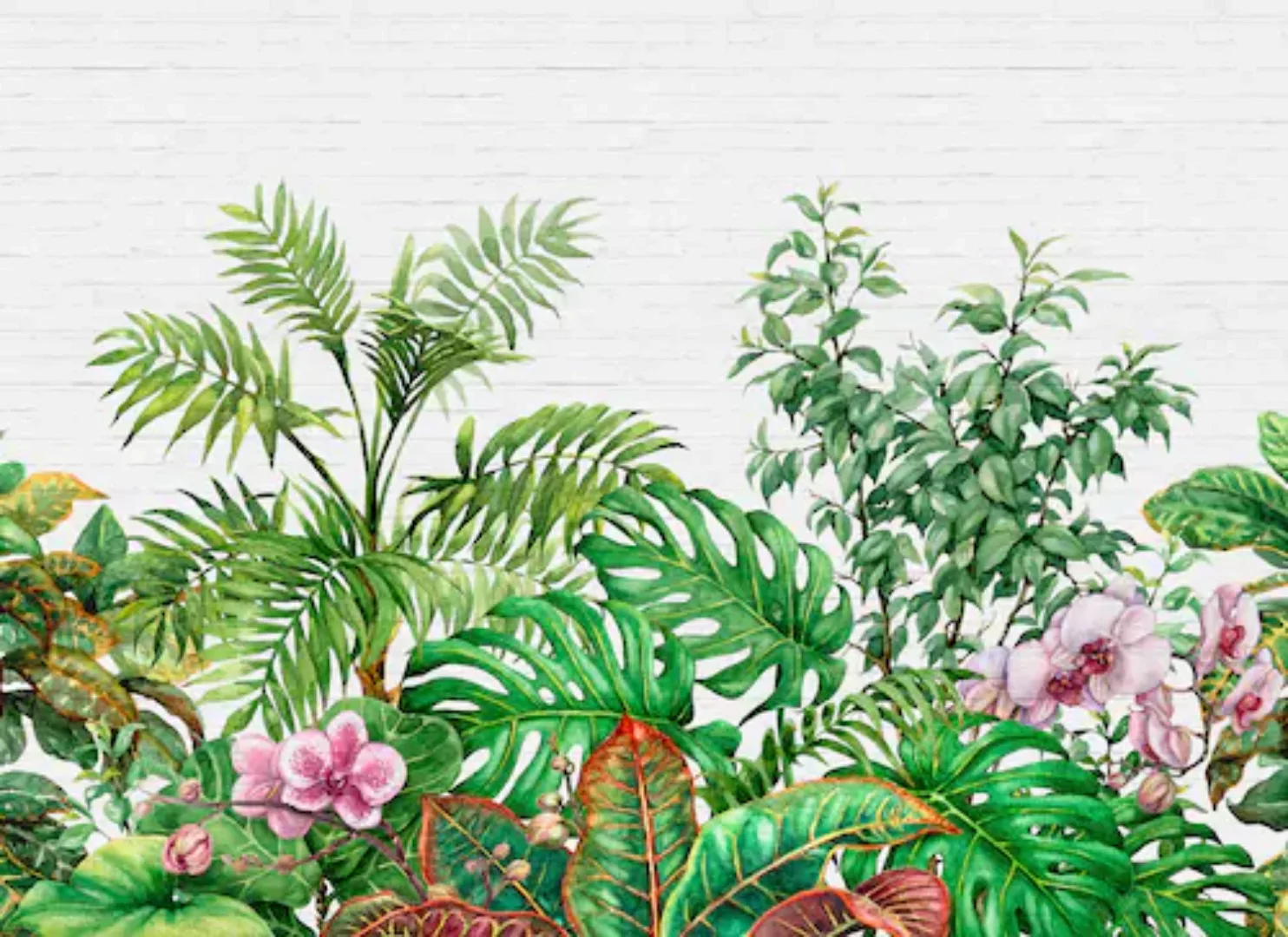 Fototapete Dschungel Palmen Steinwand Grün Weiß 3,50 m x 2,55 m FSC® günstig online kaufen