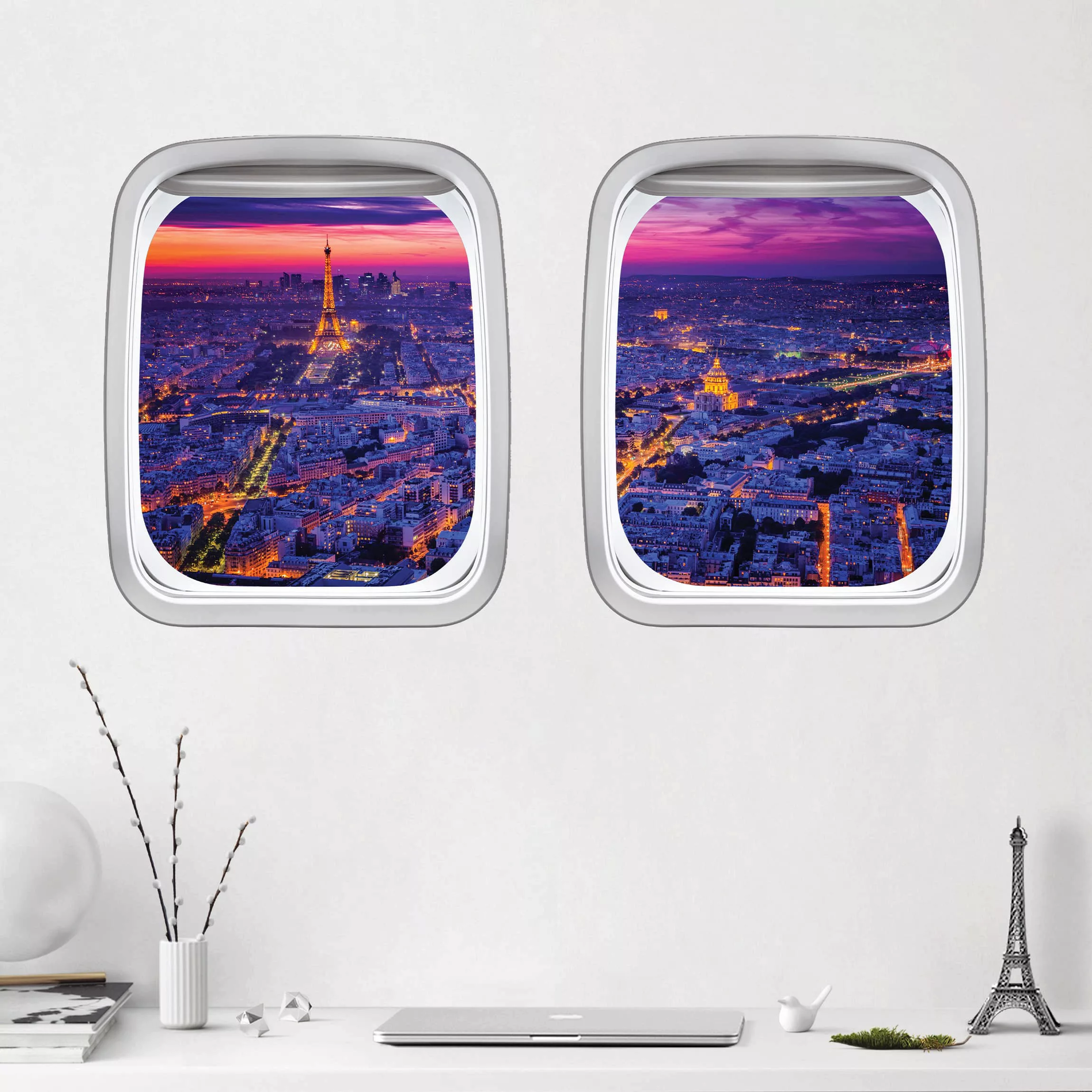 3D Wandtattoo Doppelfenster Flugzeug Paris bei Nacht günstig online kaufen