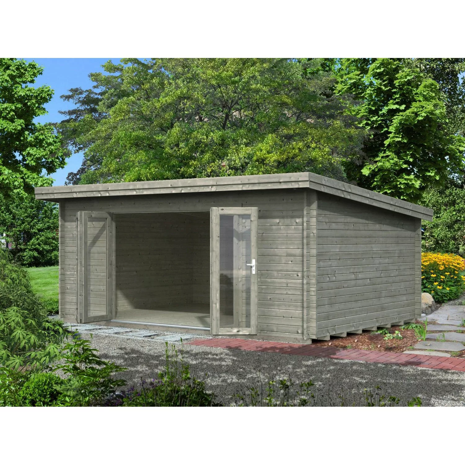 Palmako Lea Holz-Gartenhaus Grau Pultdach Tauchgrundiert 530 cm x 380 cm günstig online kaufen