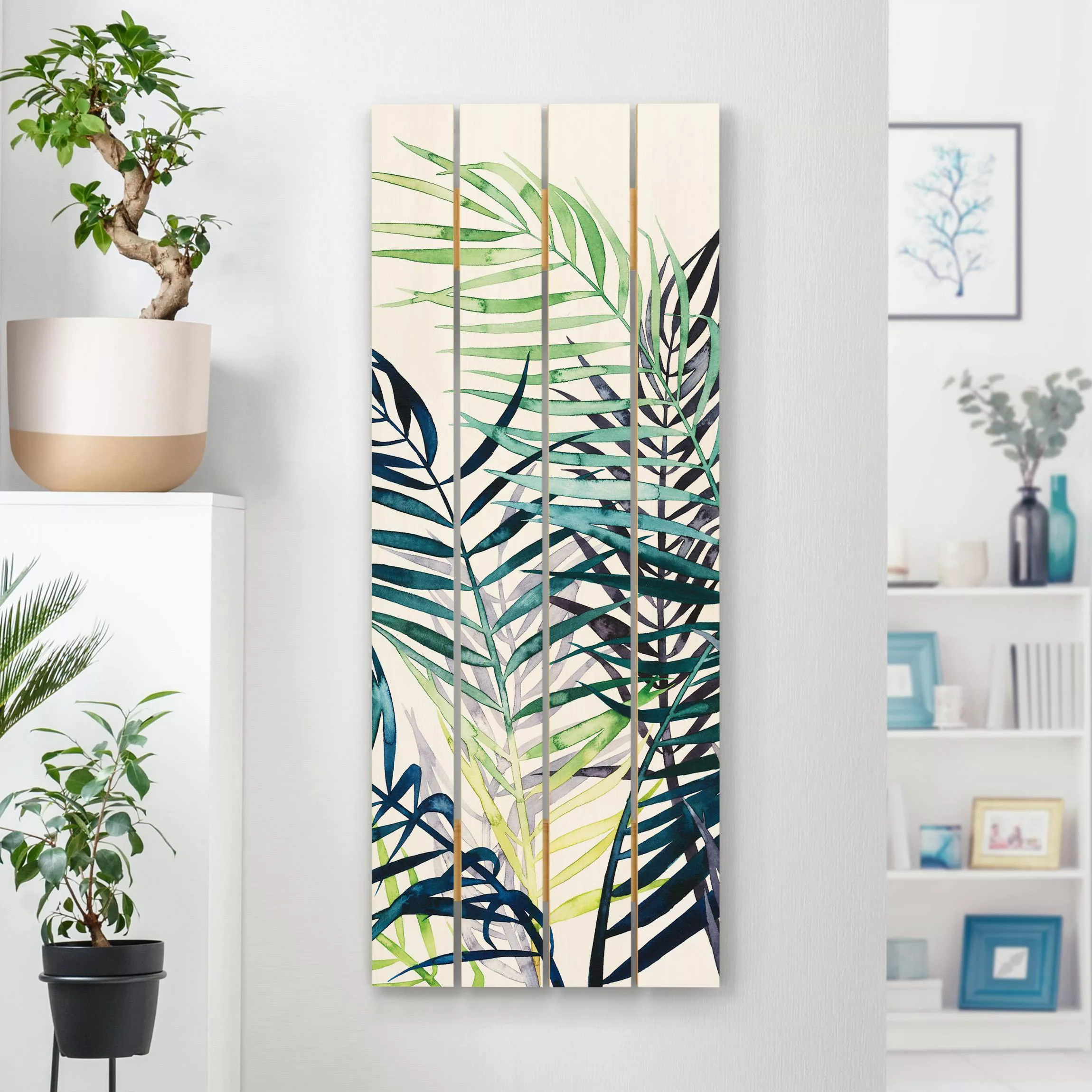Holzbild Plankenoptik Blumen - Hochformat Exotisches Blattwerk - Palme günstig online kaufen
