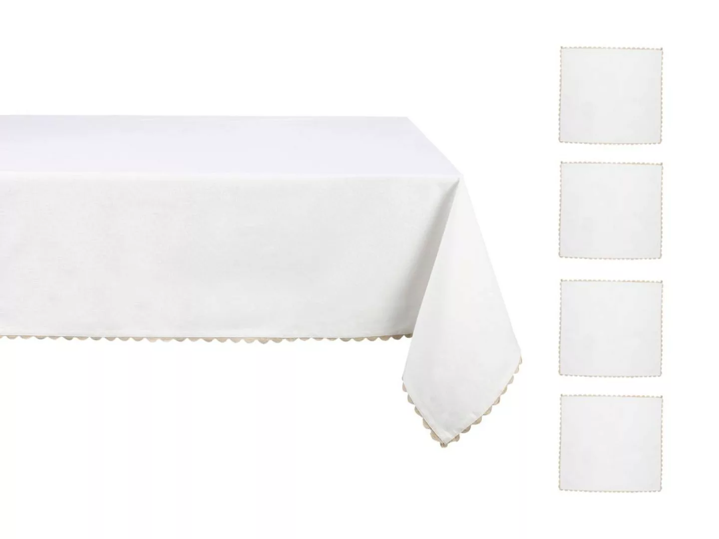 Tischdecken-Set + 4 Baumwoll-Servietten - beiger Saum - Weiß - 140 x 240 cm günstig online kaufen