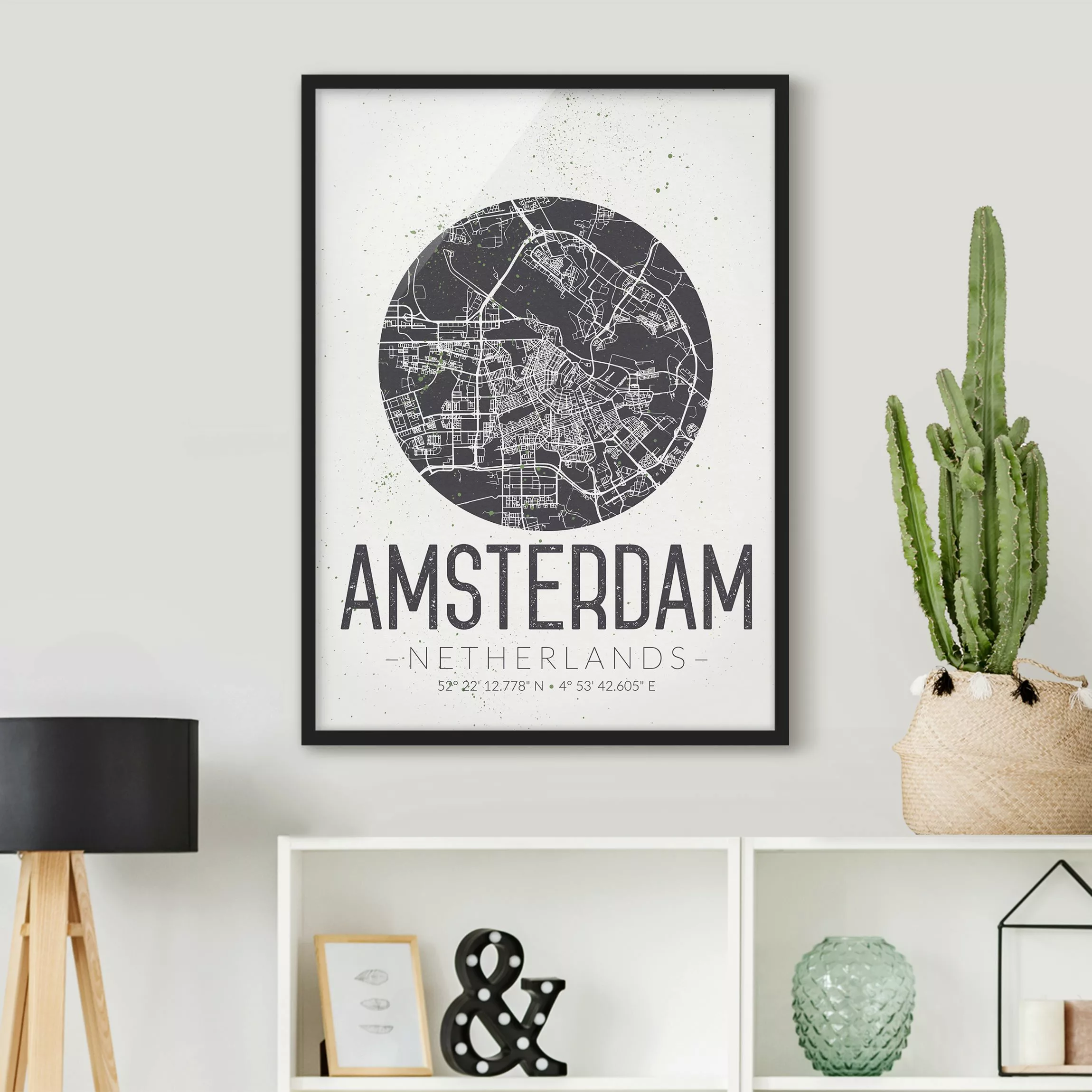 Bild mit Rahmen Stadtplan - Hochformat Stadtplan Amsterdam - Retro günstig online kaufen