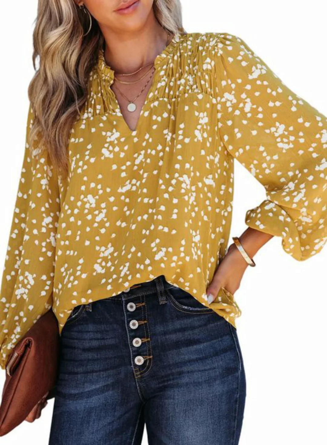 RUZU UG Langarmshirt Damenhemd Freizeithemd Langarm Gelb Teilungsausschnitt günstig online kaufen