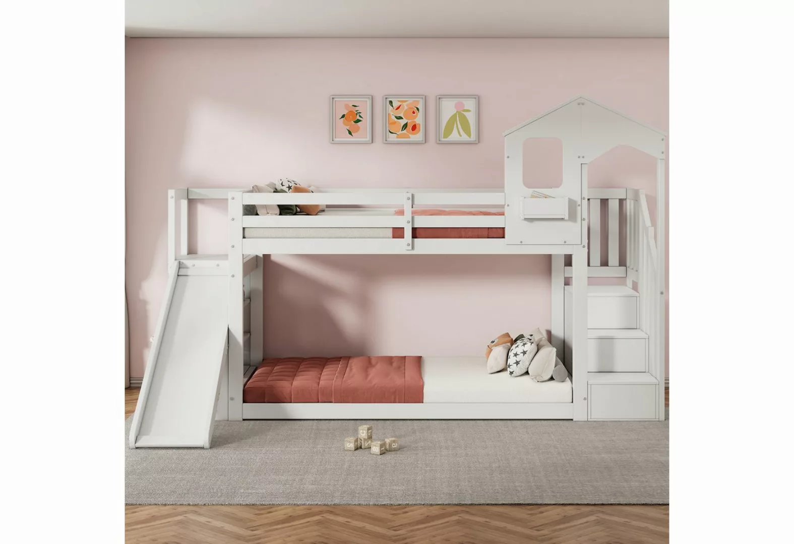 Ulife Etagenbett Multifunktional Massivholz Kinderbett mit Rutsche und Trep günstig online kaufen