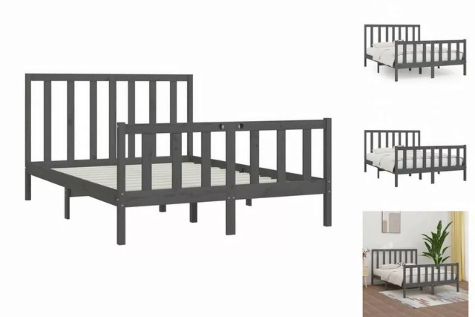 vidaXL Bettgestell Massivholzbett Grau 150x200 cm 5FT King Size Bett Bettge günstig online kaufen