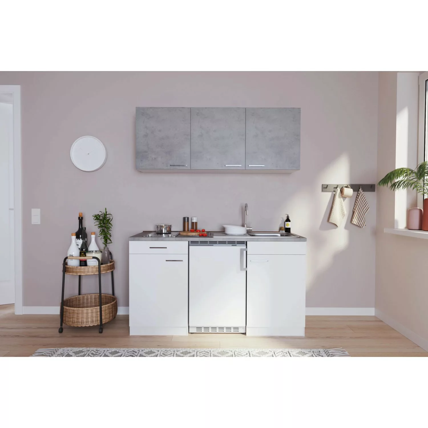 Respekta Küchenzeile KB150WWBCG 150 cm Weiß-Beton Optik günstig online kaufen