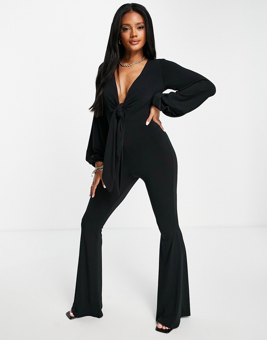 ASOS DESIGN – Glamouröser Jumpsuit in Schwarz mit tiefem Ausschnitt und Sch günstig online kaufen