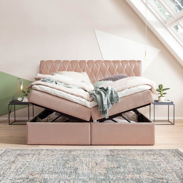 BettCo Stauraumbett Boxspringbett mit Bettkasten Lyon (in Rose Samt, 140 x günstig online kaufen