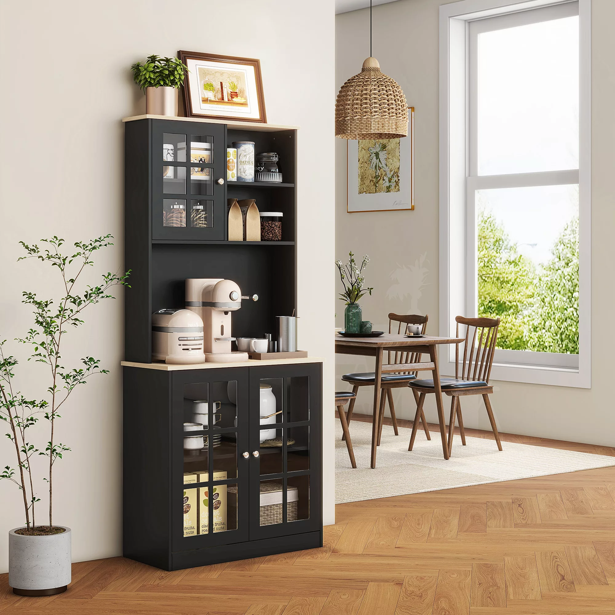 HOMCOM Küchenbuffet Küchenvitrine mit viel Stauraum, 3 Glastüren, Regalbode günstig online kaufen