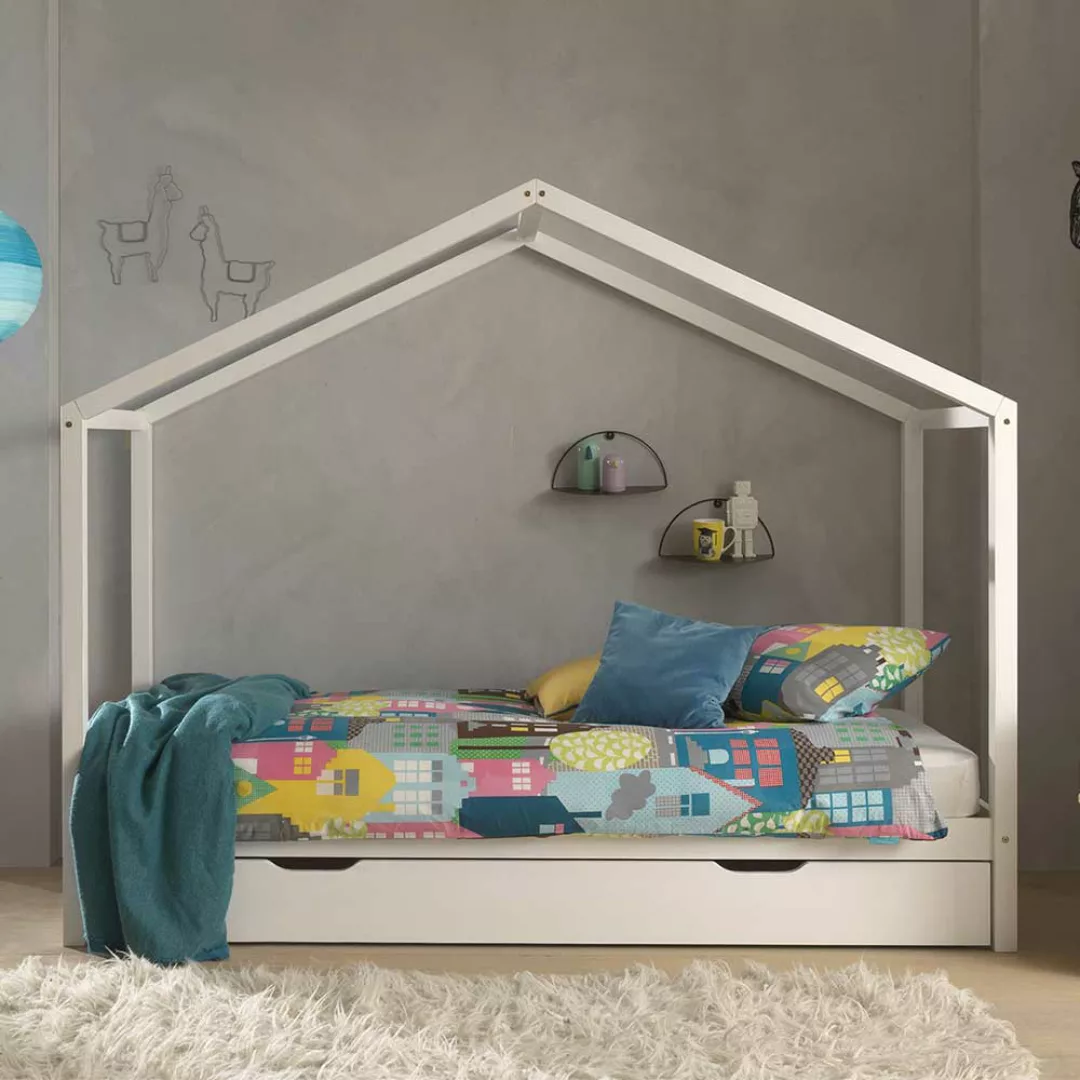 Kinder Einzelbett in Weiß Kiefer massiv Haus Optik günstig online kaufen