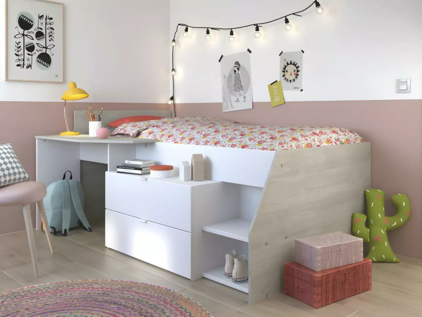 Kinderbett mit Schreibtisch & Stauraum  + Matratze + Lattenrost - 90 x 190/ günstig online kaufen
