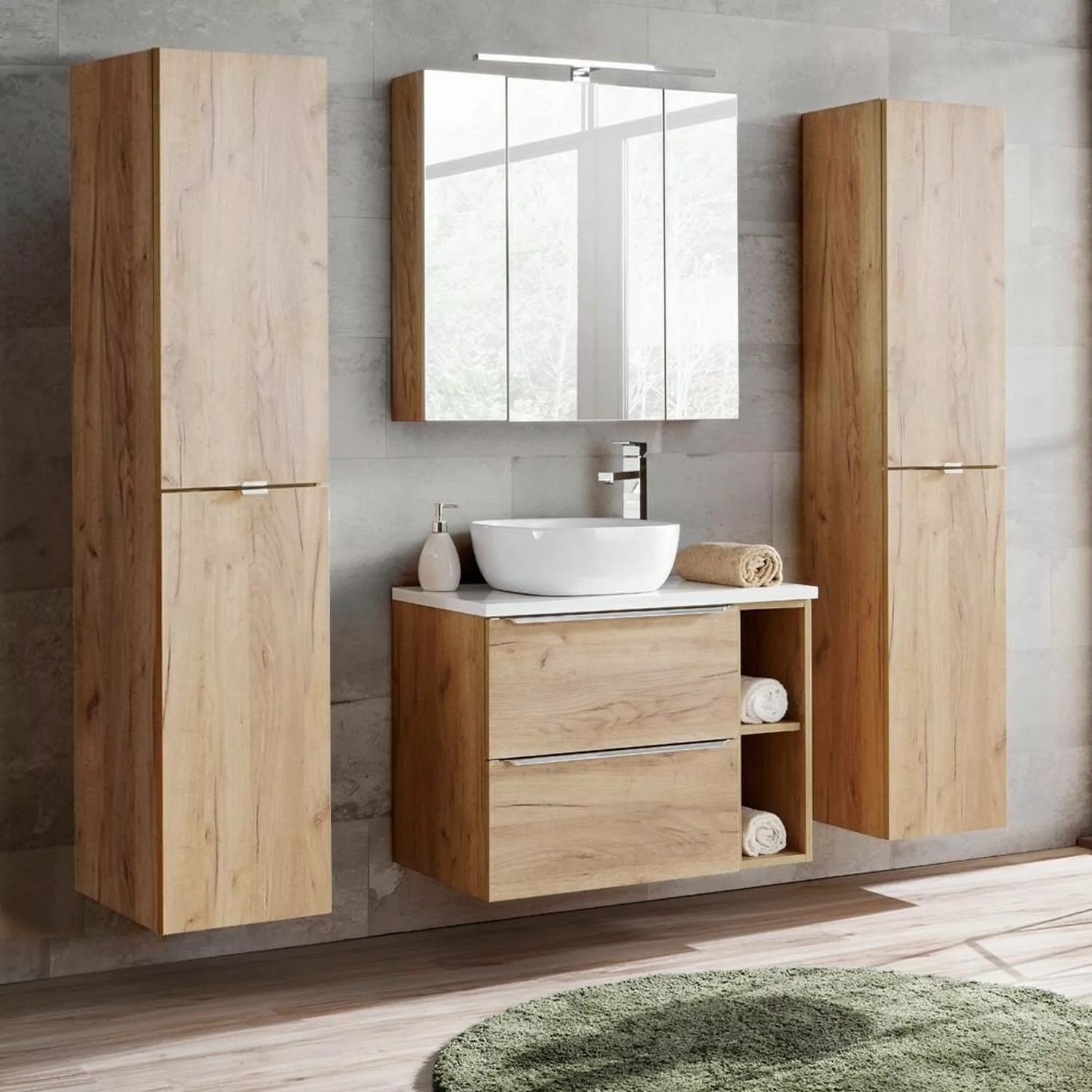Badezimmermöbel Set mit Aufsatz-Keramikbecken TOSKANA-56 Wotaneiche & weiß günstig online kaufen