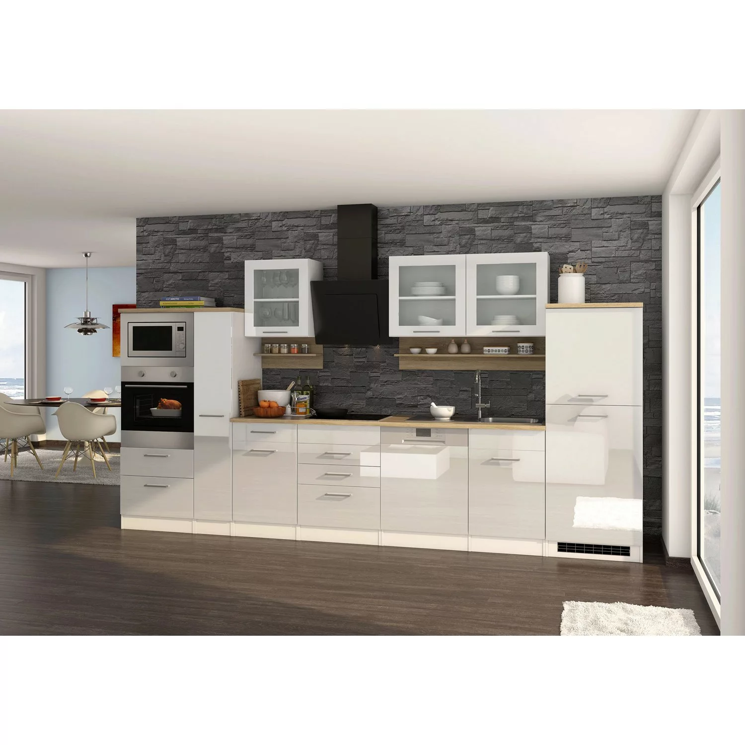 Held Möbel Küchenzeile Mailand 370 cm Weiß Hochglanz-Weiß Matt mit E-Geräte günstig online kaufen
