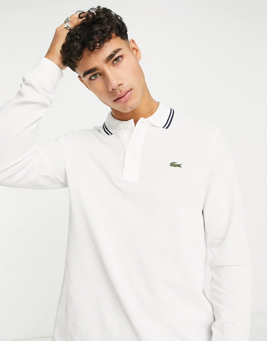 Lacoste – Langärmliges Polohemd in Weiß mit Kontraststreifen günstig online kaufen