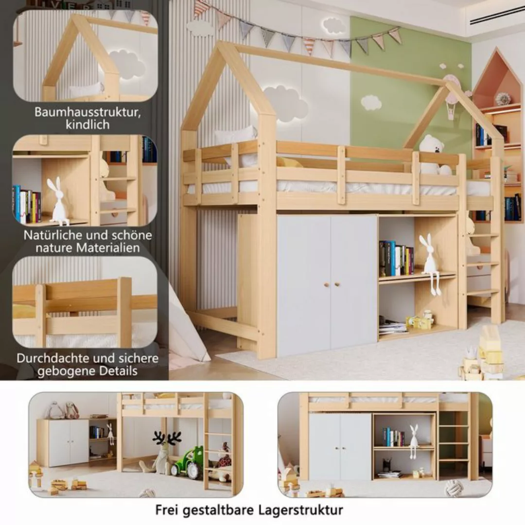 Flieks Hochbett Kiefer Kinderbett Etagenbett mit Schrank, Regale und Leiter günstig online kaufen