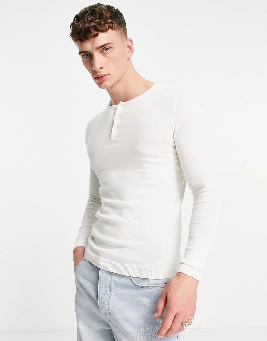 ASOS DESIGN – Grandad-Polohemd aus Baumwollstrick in Weiß günstig online kaufen