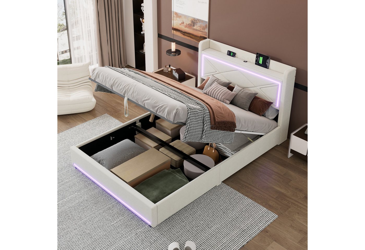 OKWISH Polsterbett FlachBett Doppelbett Ambientelicht am Ende des Bettes, A günstig online kaufen