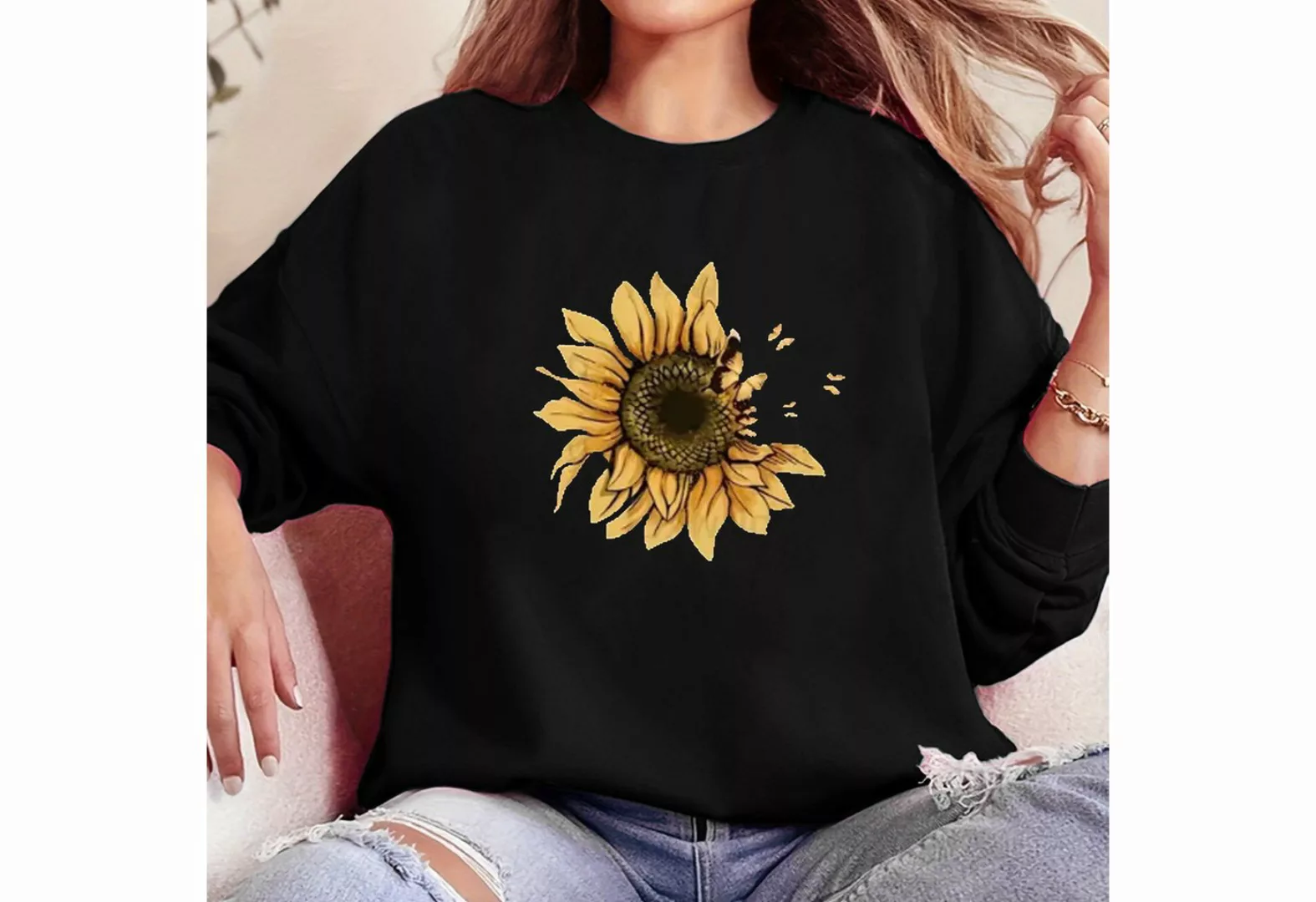 PYL Print-Shirt Damen Casual Sweatshirts mit Sonnenblume Druck,Langarm Pull günstig online kaufen