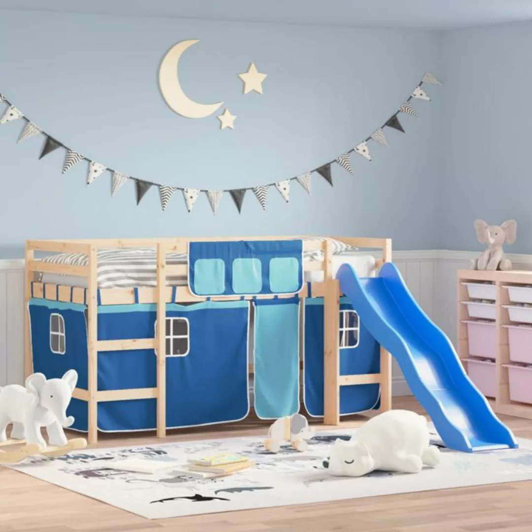 vidaXL Kinderbett Kinderhochbett mit Vorhängen Blau 90x190 cm Massivholz Ki günstig online kaufen