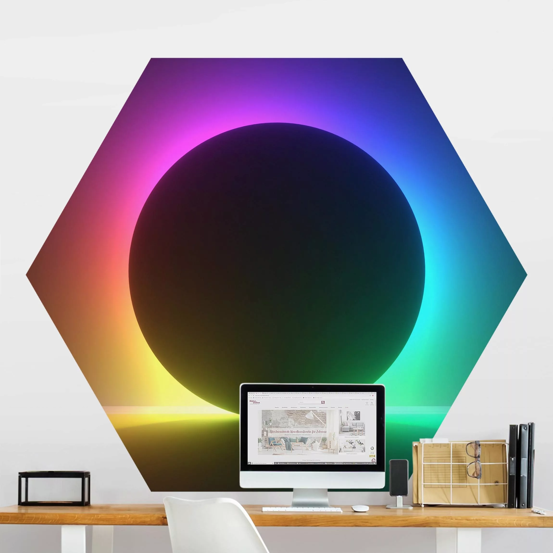 Hexagon Mustertapete selbstklebend Buntes Neonlicht mit Kreis günstig online kaufen