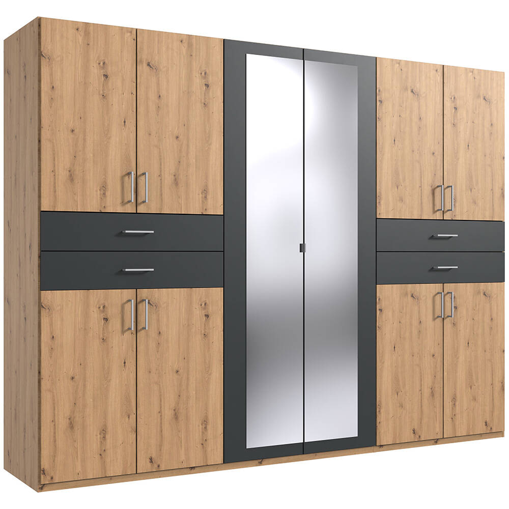 Kleiderschrank mit Spiegel, 270 cm breit modern in Eiche mit graphit TREVIS günstig online kaufen