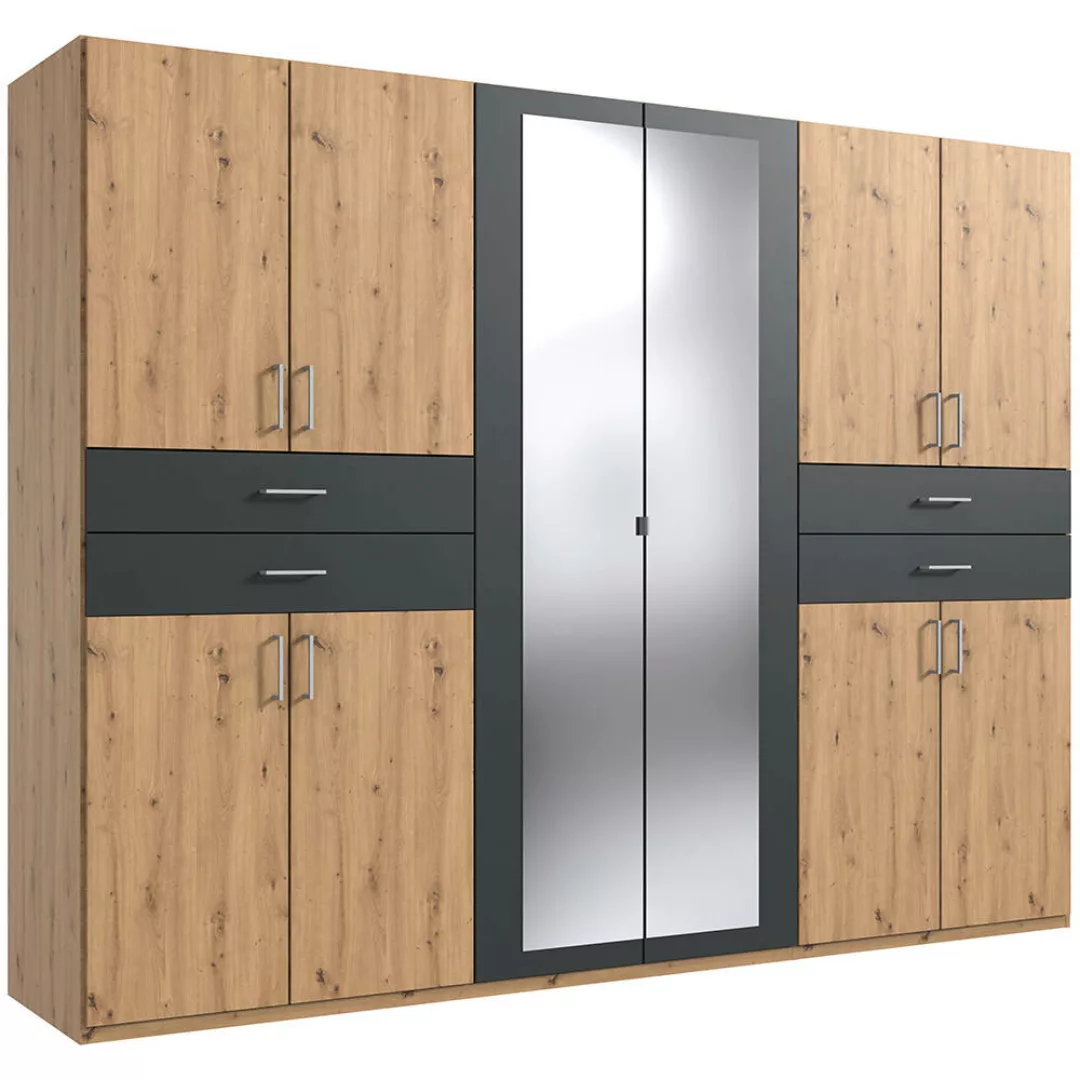 Kleiderschrank mit Spiegel, 270 cm breit modern in Eiche mit graphit TREVIS günstig online kaufen