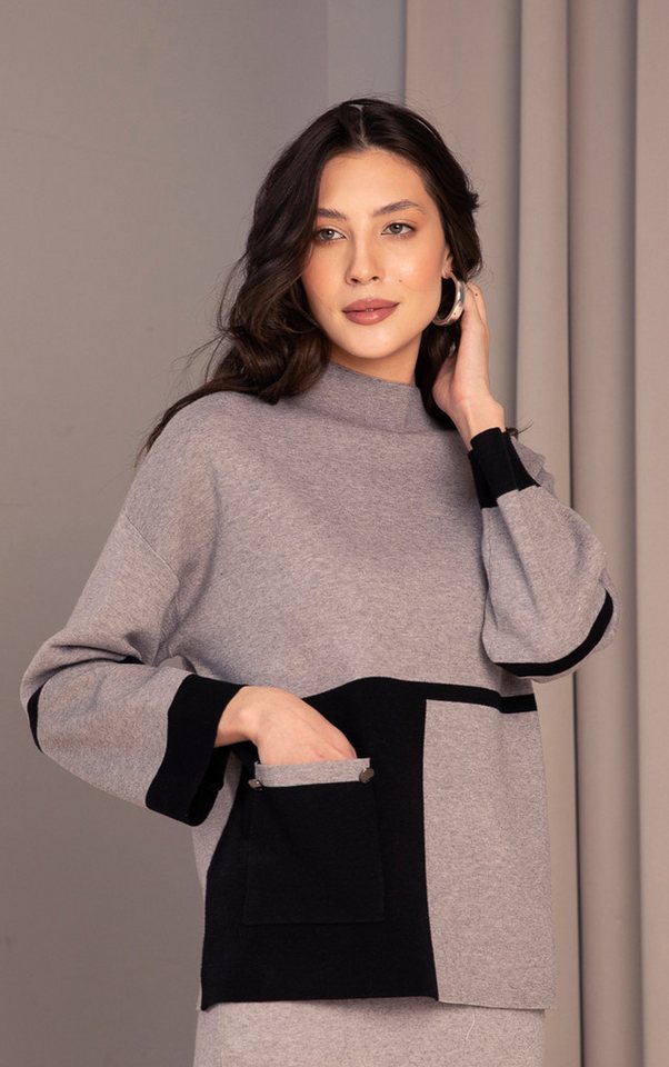 Passioni Strickpullover in grau-schwarzem Colorblocking, längerer Länge und günstig online kaufen