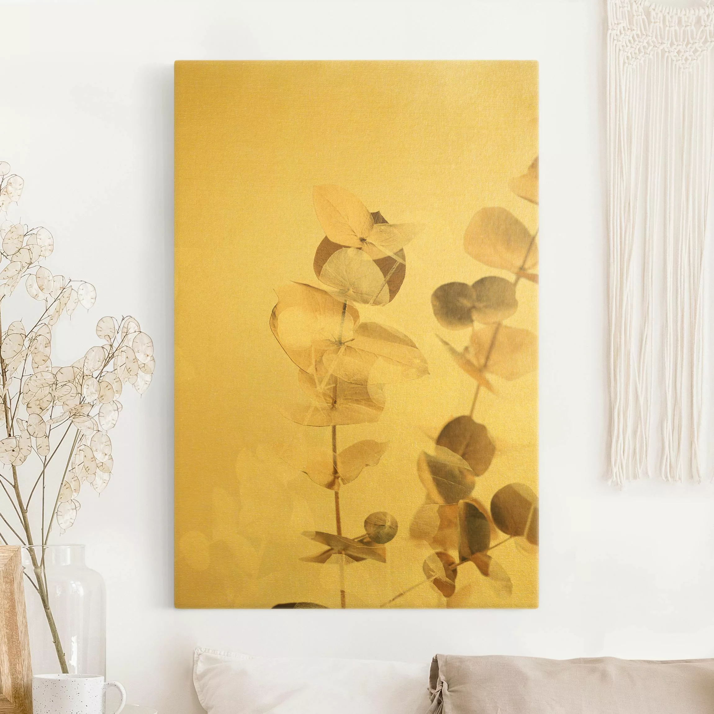 Leinwandbild Gold Goldene Eukalyptuszweige mit Weiß II günstig online kaufen