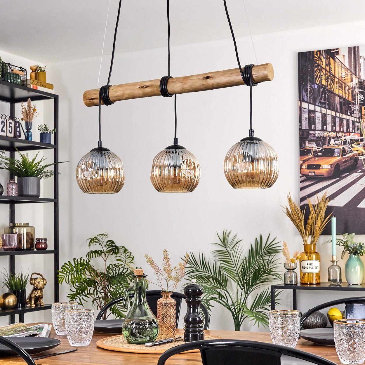 hofstein Pendelleuchte Hängelampe aus Metall/Holz/Riffelglas in günstig online kaufen