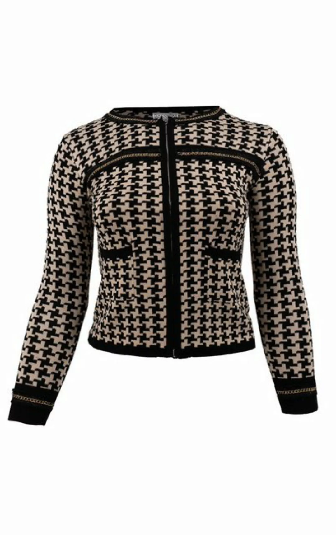 Passioni Cardigan in Schwarz und Beige mit Hahnentrittmuster und Kettendeta günstig online kaufen