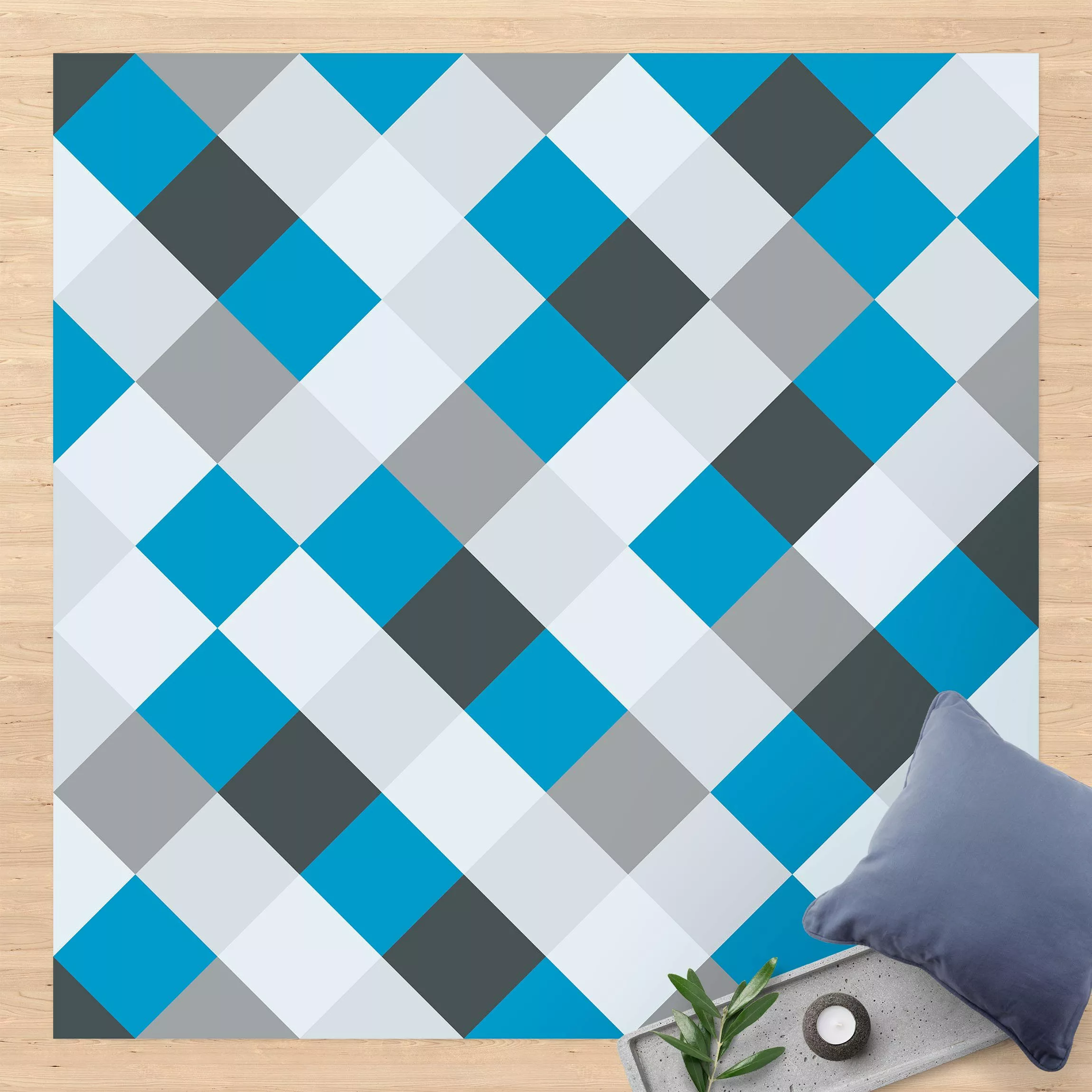 Vinyl-Teppich Geometrisches Muster gedrehtes Schachbrett Blau günstig online kaufen