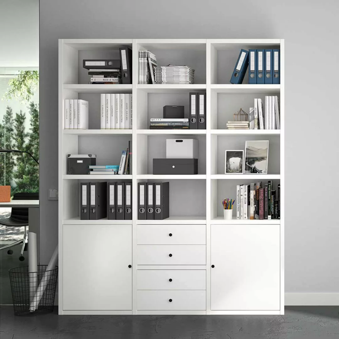 Arbeitszimmer Regal weiss mit vier Schubladen 222 cm hoch günstig online kaufen