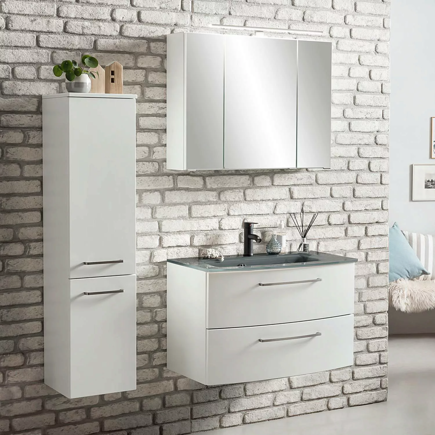 Badmöbel Set TRONDHEIM-03 3-teilig, matt weiß, inkl. 3D Spiegelschrank, Gla günstig online kaufen