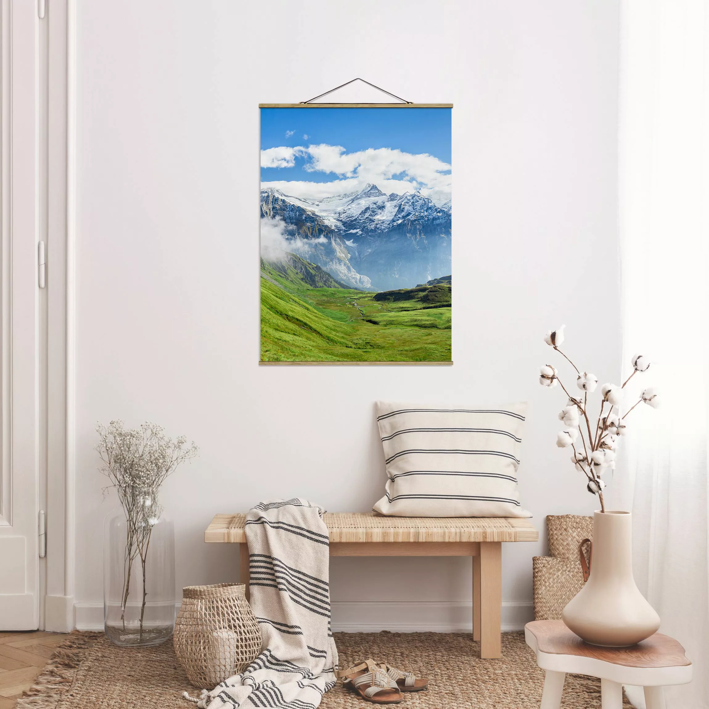 Stoffbild mit Posterleisten Schweizer Alpenpanorama günstig online kaufen