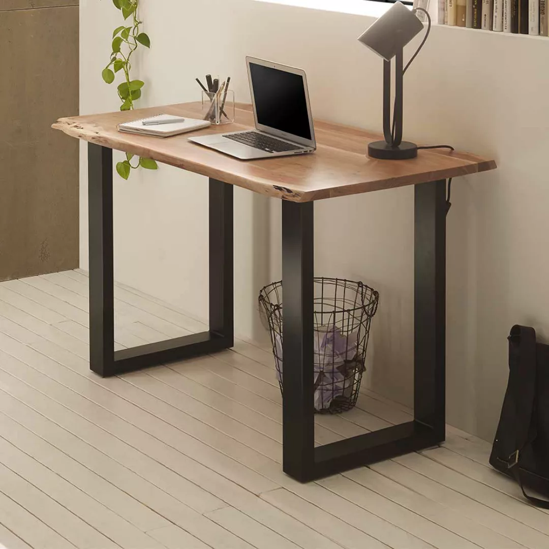 Schreibtisch mit Baumkante aus Akazie Massivholz Metall günstig online kaufen