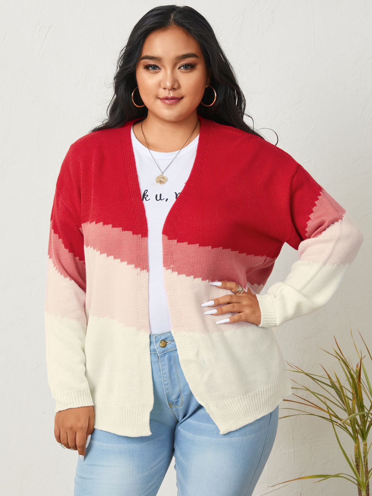 Plus Size Patchwork Cardigan mit langen Ärmeln günstig online kaufen