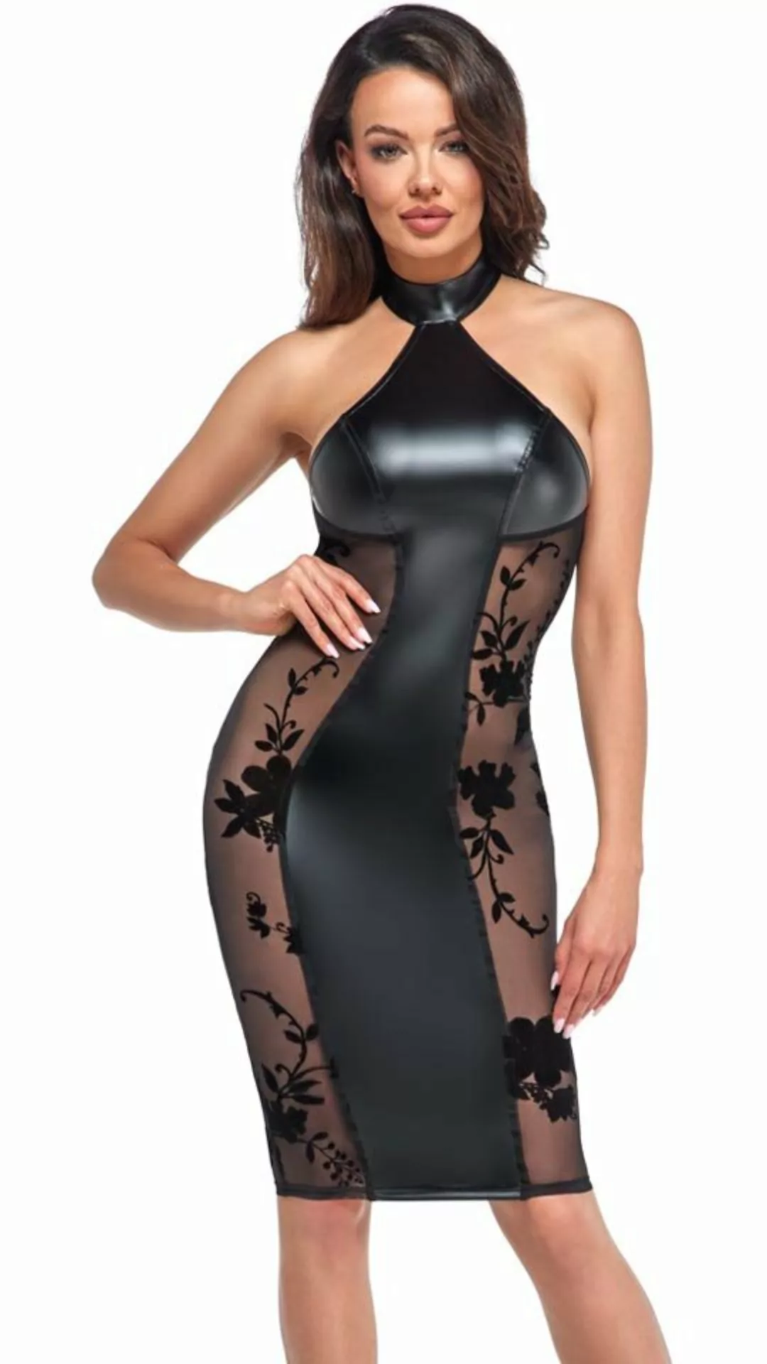 Wetlook-Kleid mit Mesheinsätzen günstig online kaufen