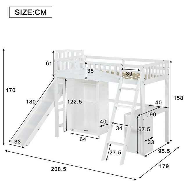 Flieks Hochbett Kinderbett 90x200cm mit Kleiderschrank, Schreibtisch, Leite günstig online kaufen