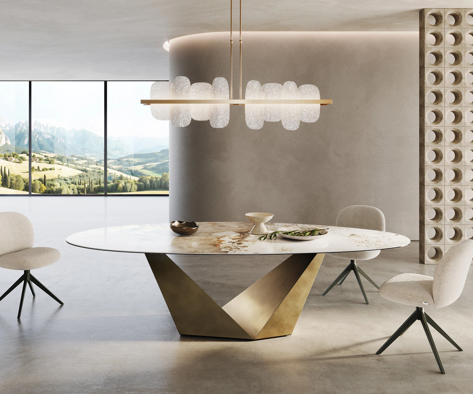 Esstisch Edge Oval 280x130 Keramik Minas Melange Weiß-Beige Prisma Metallic günstig online kaufen