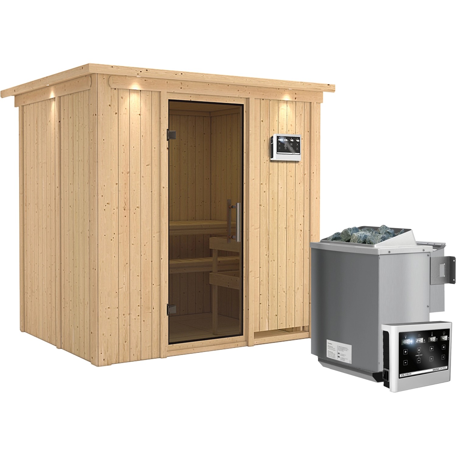 Karibu Sauna Bjarne inkl. Bio-Ofen 9 kW ext. Steuerung, Dachkranz, Tür Grap günstig online kaufen