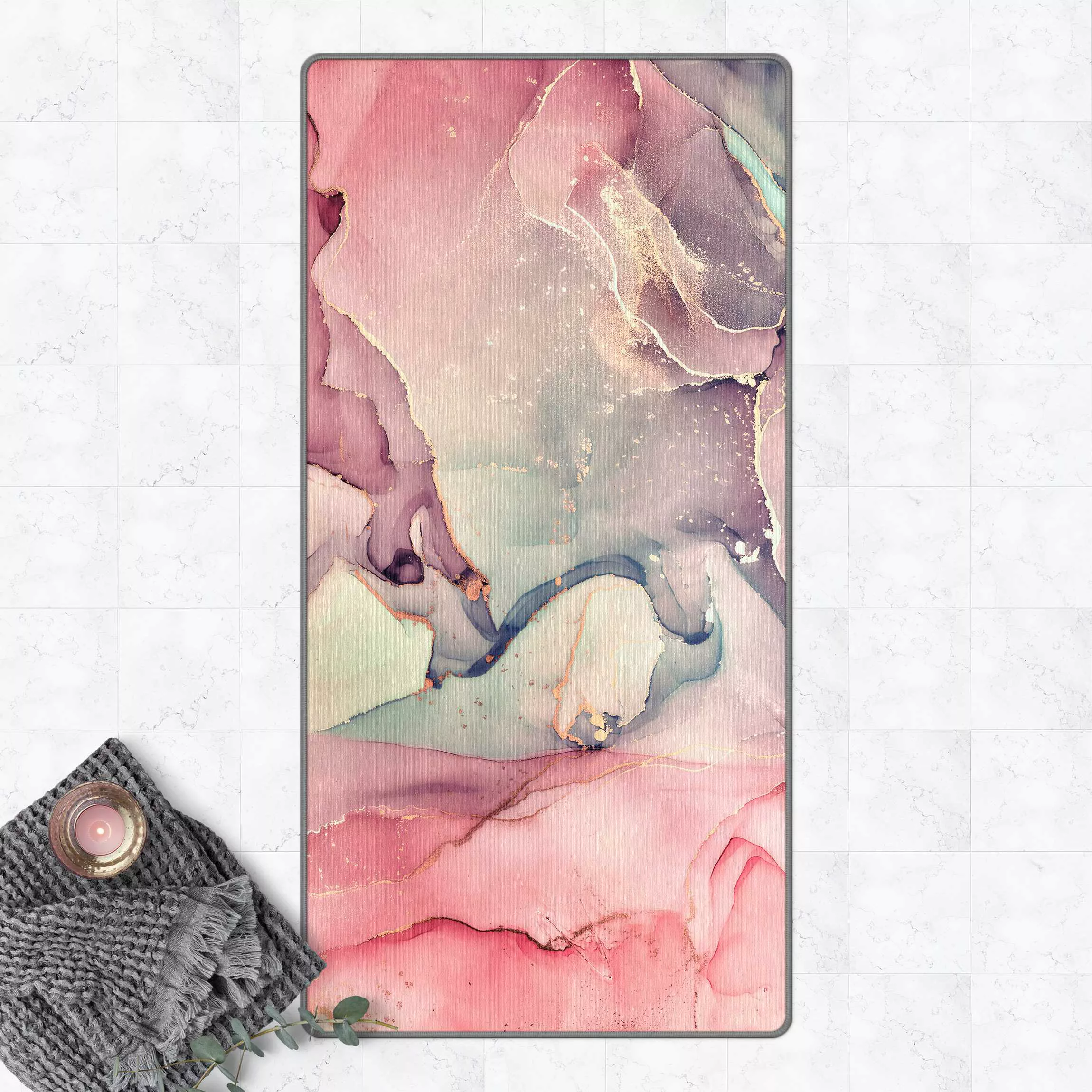 Teppich Aquarell Pastell Rosa mit Gold günstig online kaufen